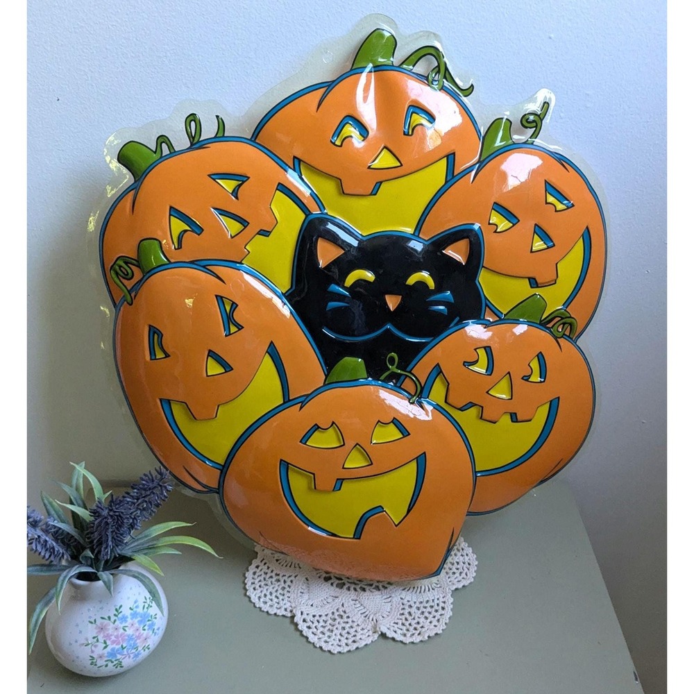 Vintage Halloween Window Decor Black Cat Pumpkins Plastic Suncatcher 16 Inch